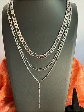 Silver Multi-Layer Paperclip, Figaro & Lariat Chain Necklaces 16-20”